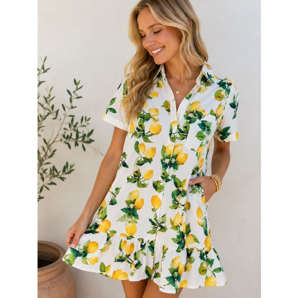 Cynthia Rowley White Lemon Print Short-Sleeve Shirt Dress